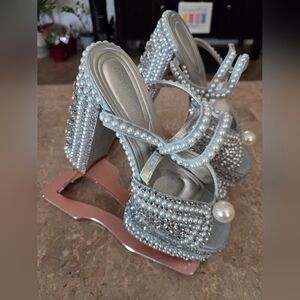Azalea Wang Something Blue pearl embellished platform heeled sandals.  Size 8